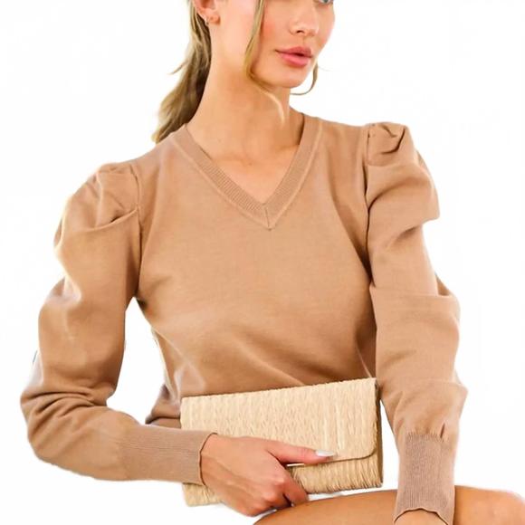 NEW VINE & LOVE vneck puff sleeve long sleeve sweater in taupe - Picture 1 of 1